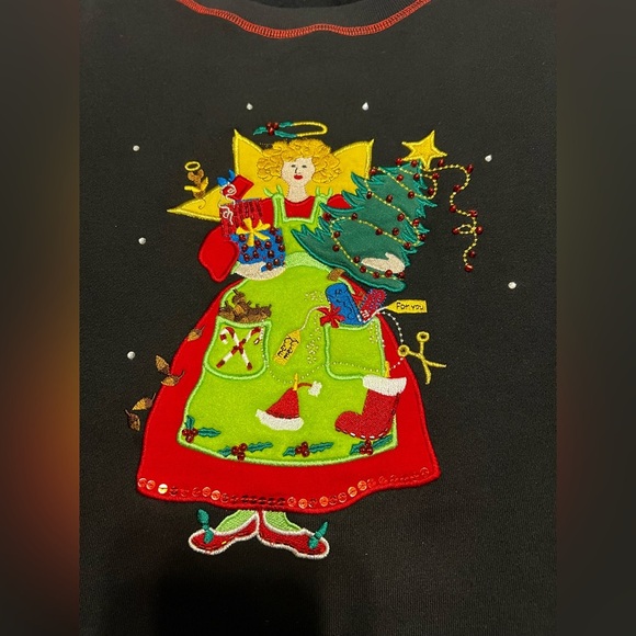 Vintage The Quacker Factory Christmas Angel Embellished Black Sweatshirt 90s - Picture 3 of 7